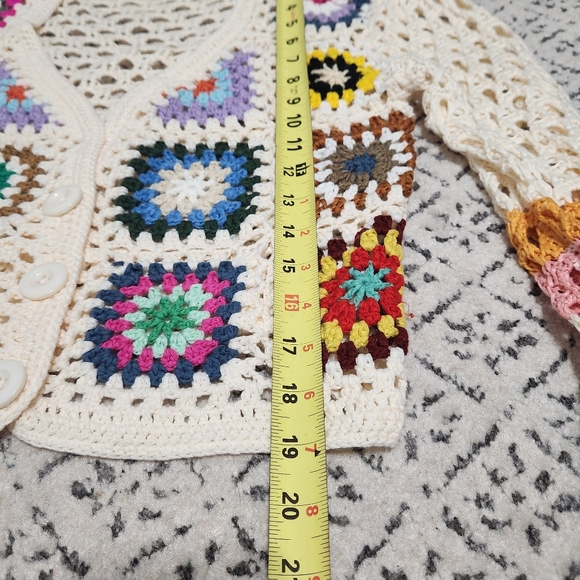 Crocheted Boho Hippie Granny Square Cardigan Open Knit Sweater Colorful S - Picture 6 of 8